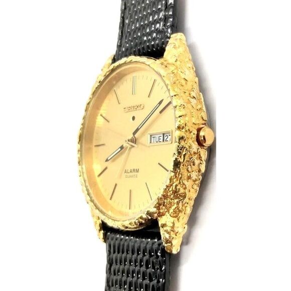 Vintage 1984 Men's Seiko Alarm Quartz Gold Nugget Embellished Men's Watch 1980's - Picture 4 of 6